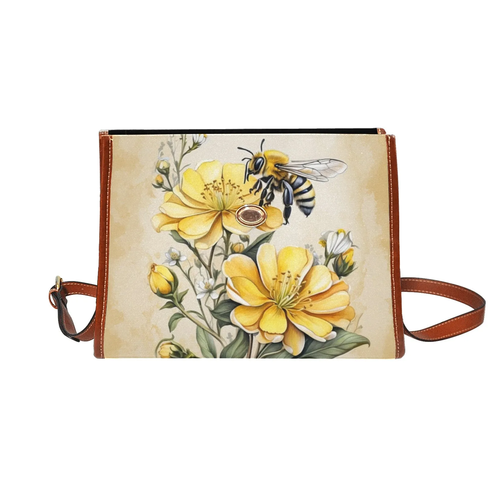 Yellow Flowers and Honey Bee Canvas Satchel Bag Purse Handbag, Cross Body Bag