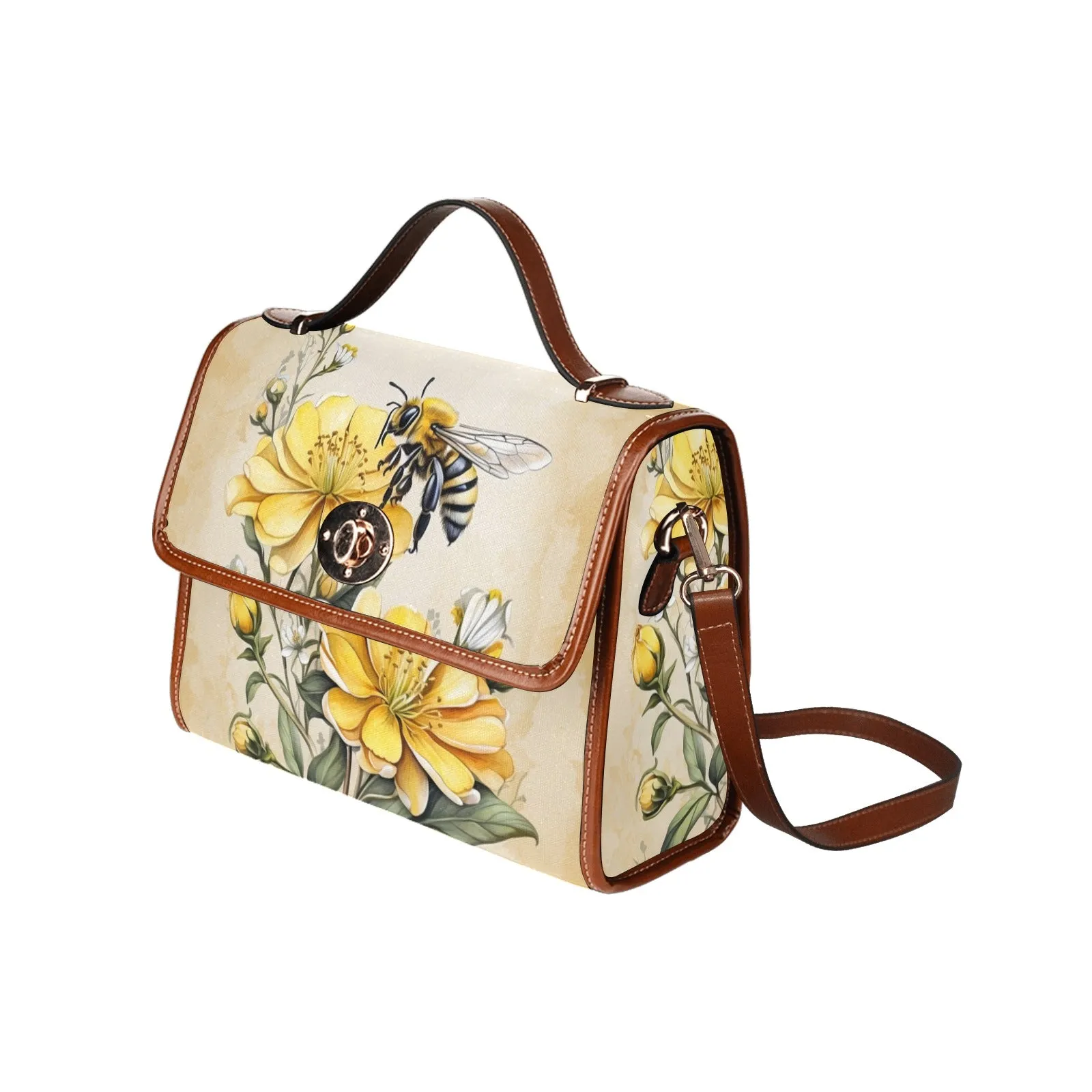 Yellow Flowers and Honey Bee Canvas Satchel Bag Purse Handbag, Cross Body Bag