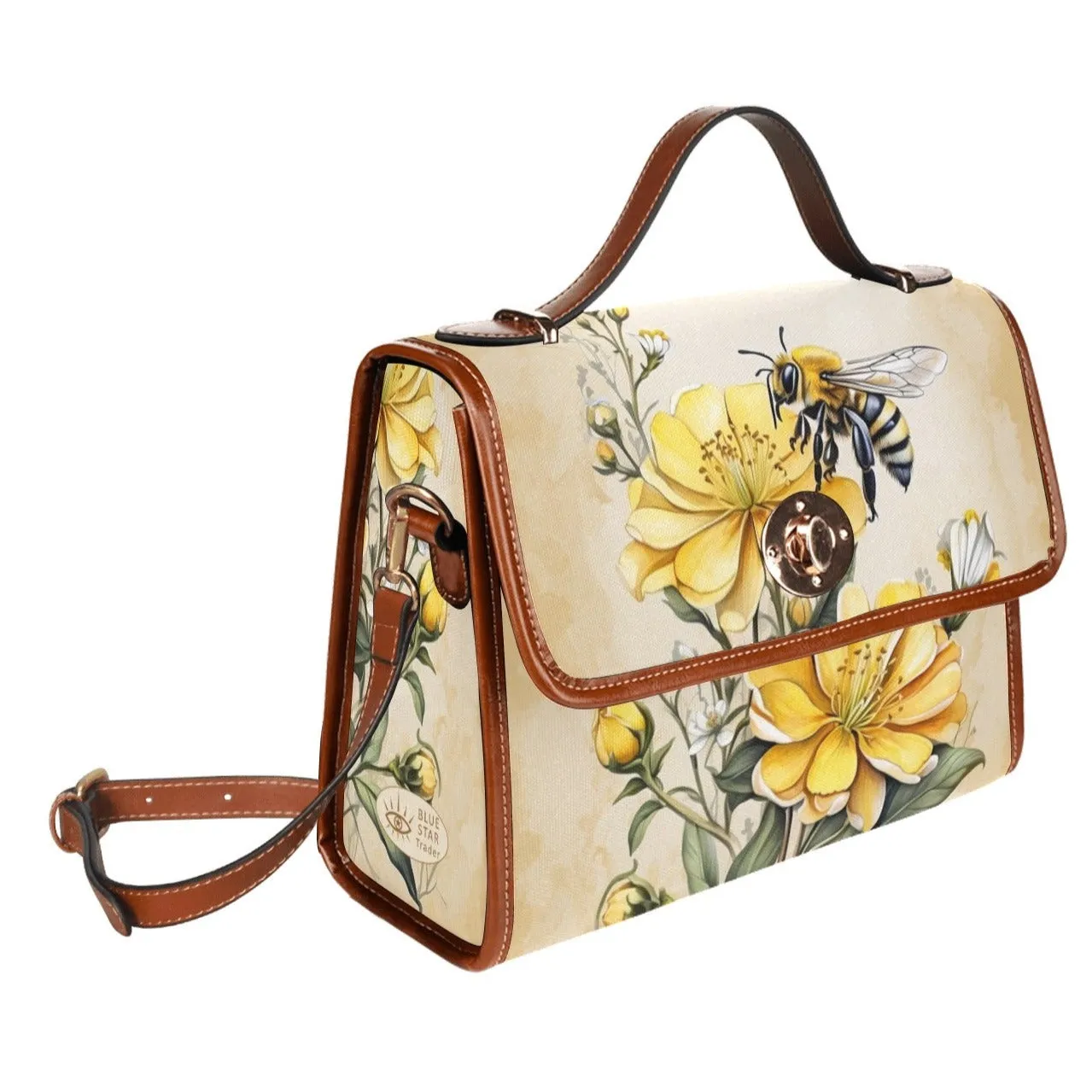 Yellow Flowers and Honey Bee Canvas Satchel Bag Purse Handbag, Cross Body Bag