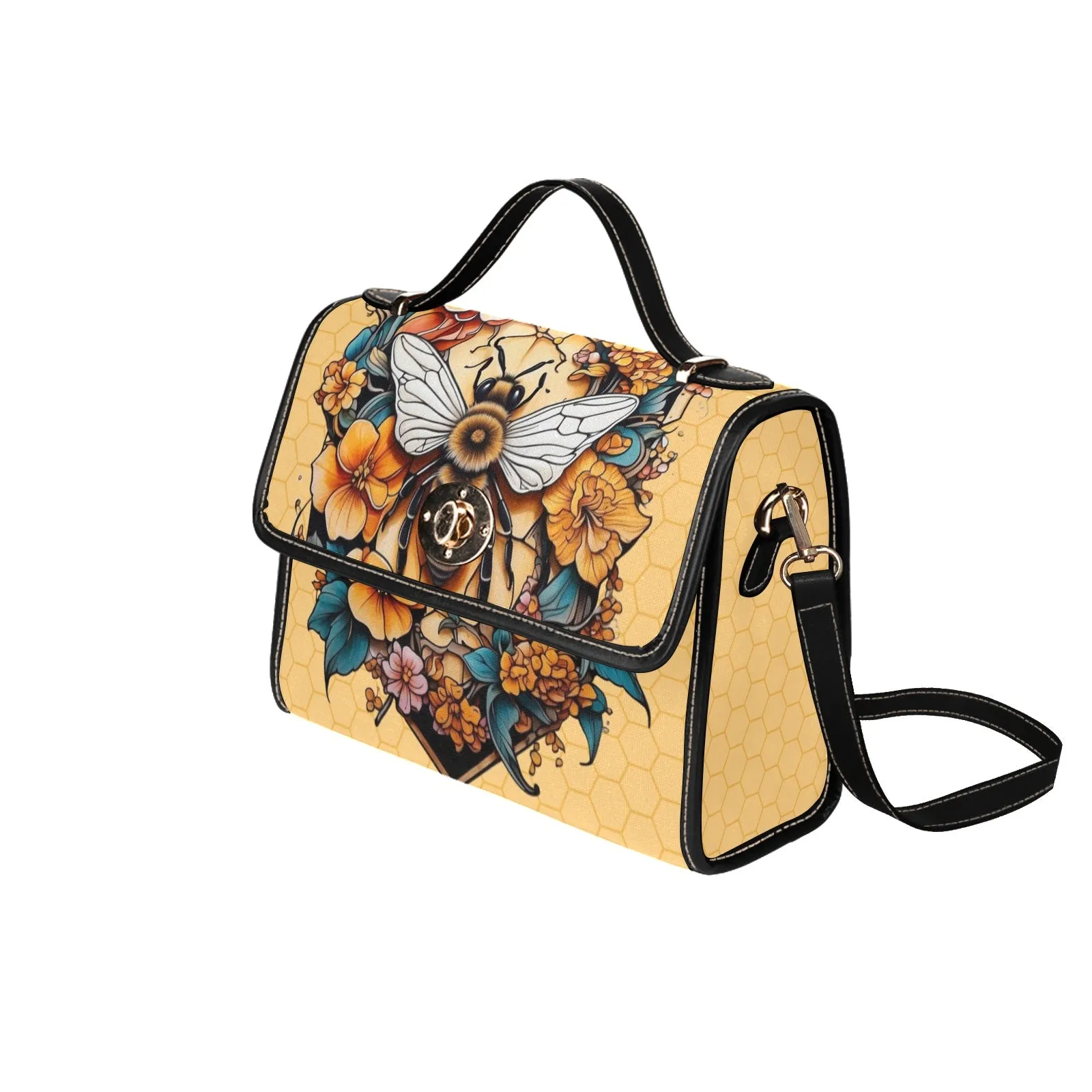Yellow Honey Bee Tattoo Style Purse, Canvas Satchel Handbag, Cross Body Bag