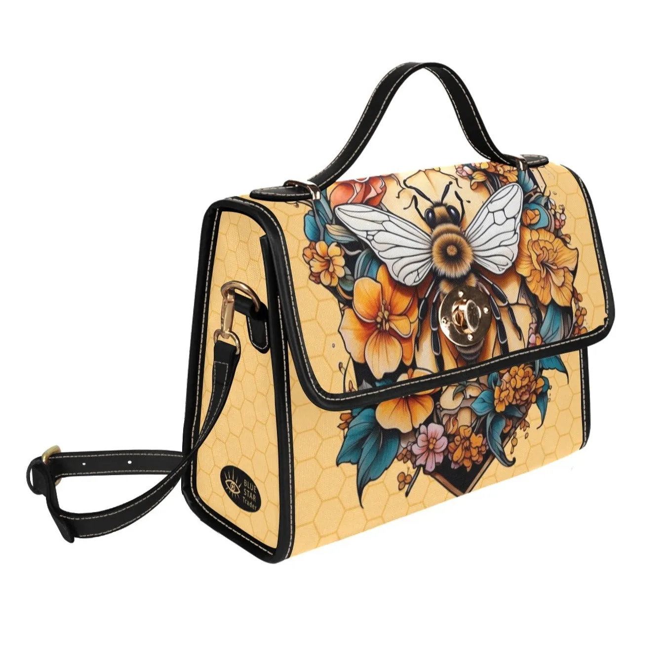 Yellow Honey Bee Tattoo Style Purse, Canvas Satchel Handbag, Cross Body Bag