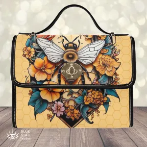 Yellow Honey Bee Tattoo Style Purse, Canvas Satchel Handbag, Cross Body Bag