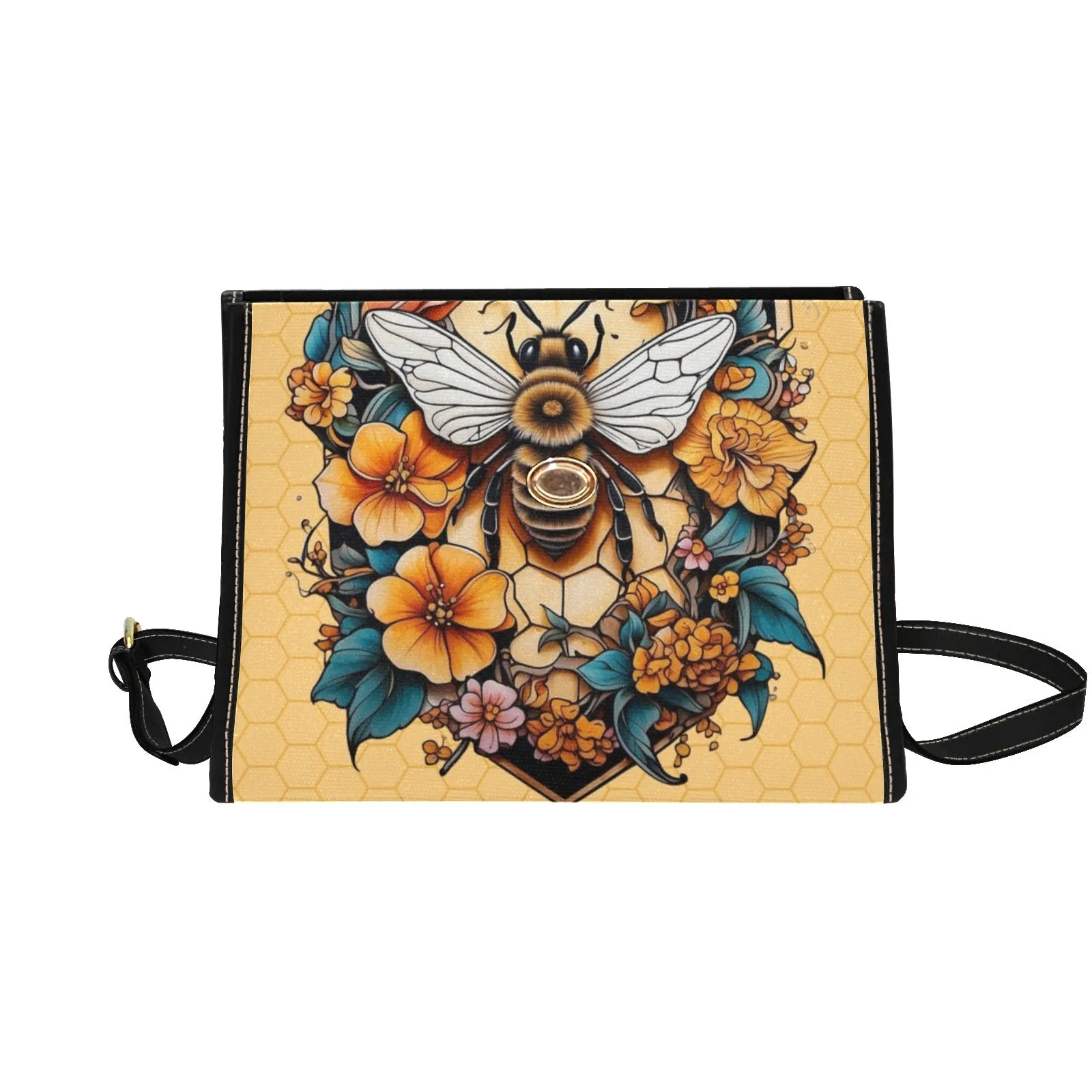 Yellow Honey Bee Tattoo Style Purse, Canvas Satchel Handbag, Cross Body Bag
