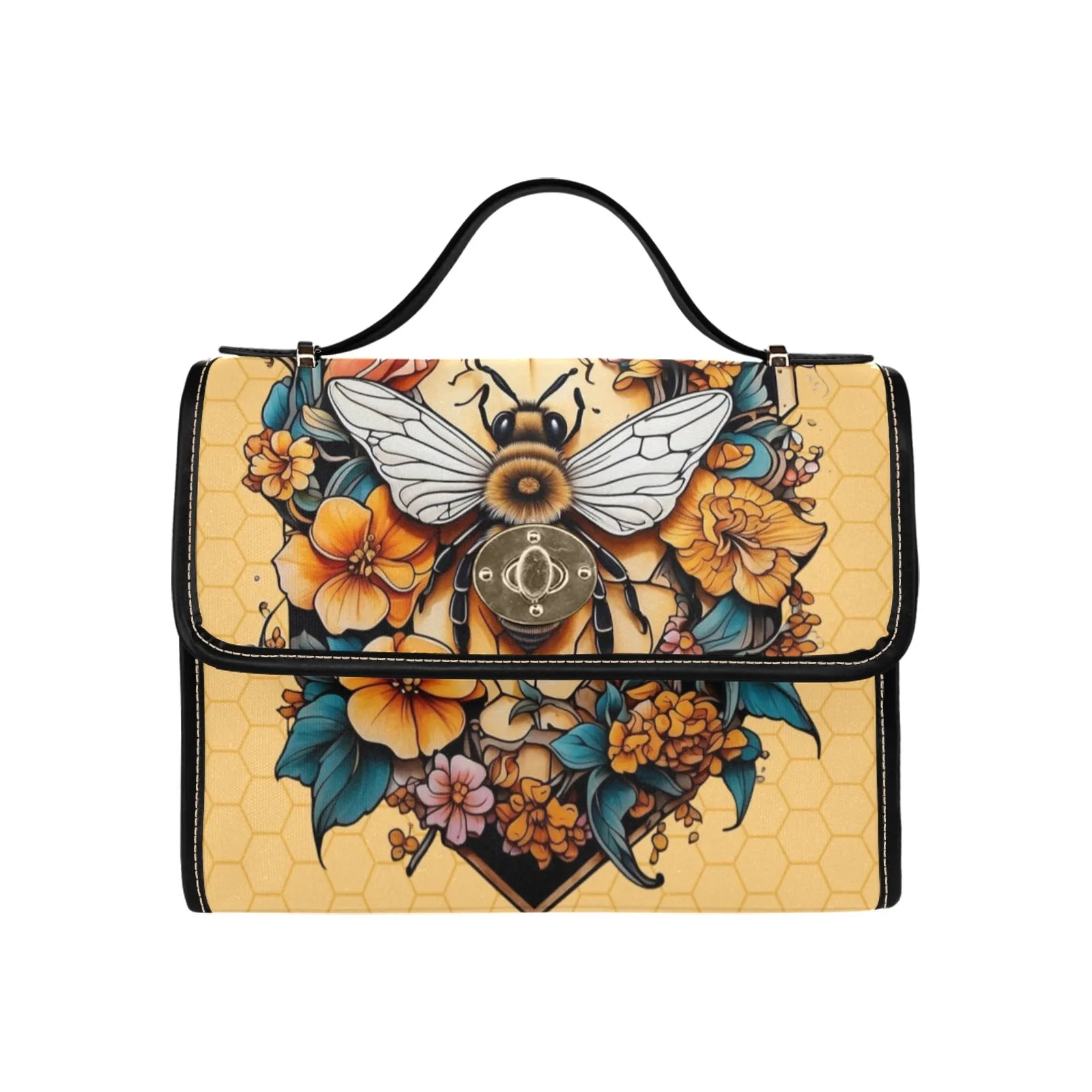 Yellow Honey Bee Tattoo Style Purse, Canvas Satchel Handbag, Cross Body Bag