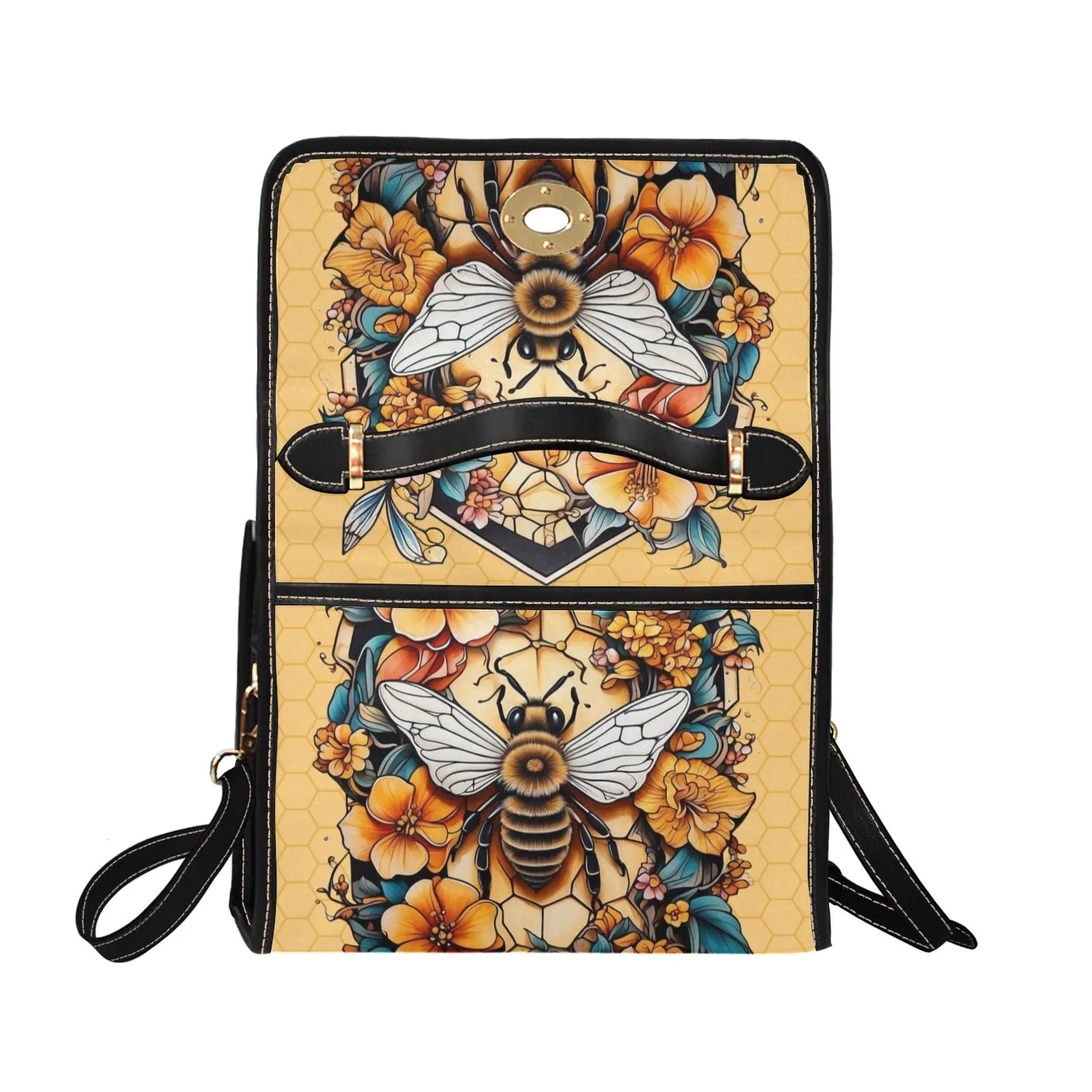 Yellow Honey Bee Tattoo Style Purse, Canvas Satchel Handbag, Cross Body Bag