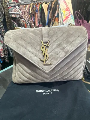 YSL Grey College Suede Flap Bag with Gold Hardware