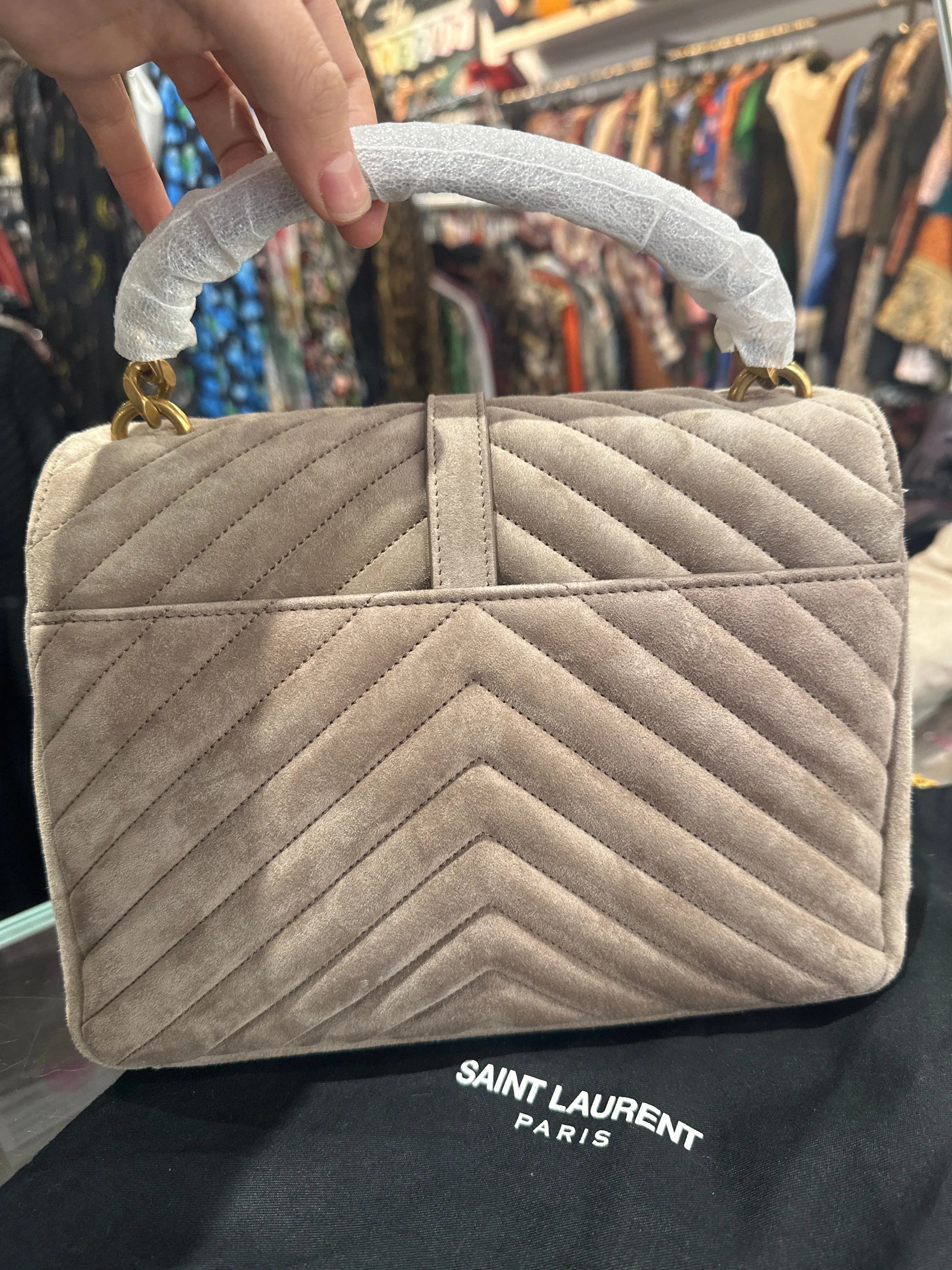 YSL Grey College Suede Flap Bag with Gold Hardware