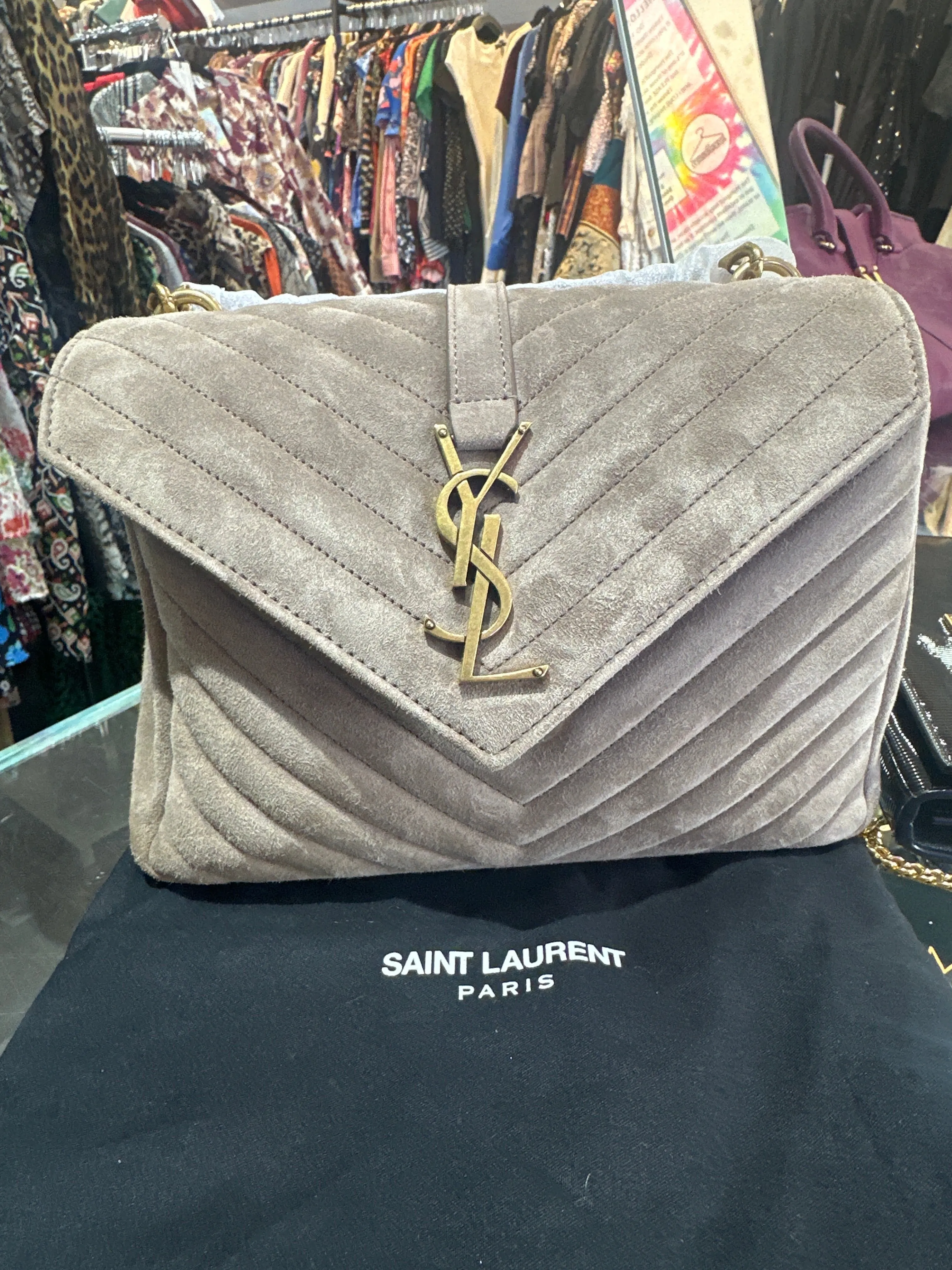 YSL Grey College Suede Flap Bag with Gold Hardware